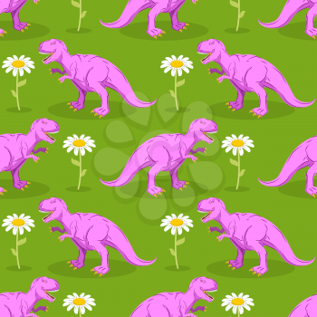 Dinosaur and flower seamless pattern. Pink Tyrannosaurus and camomile texture. Prehistoric predator on green meadow background. Ancient reptile and white flower
