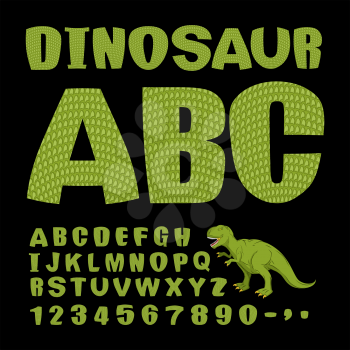 Dinosaur ABC. Font of prehistoric reptile. Green letters. Texture of skin of lizard. Dino Monster alphabet. Set of ancient animals letters