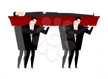 Funeral. Men carry coffin with dead. Red wooden coffin with corpse. Grief illustration
