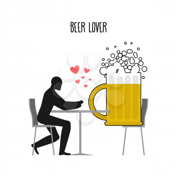 Beer lover. Lovers in cafe. Man and coffee beans sitting at table. Drink at restaurant. Romantic date in public place. illustration alcohol
