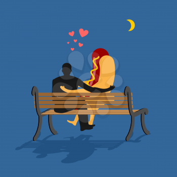 Hot dog and man looking at moon. Date night. Man and fast-food sitting on bench. Month in night dark sky. Romantic foodl illustration
