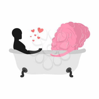 Love to brain. Mind and man in bath. Man and central organ of nervous system to clean bath. Joint bathing. Passion feelings among lovers. Romantic illustration together wash
