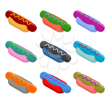 Hot dog multicolored set. Unusual Fast food fantastic. Color sausage and bun. Food isometric 3d illustration
