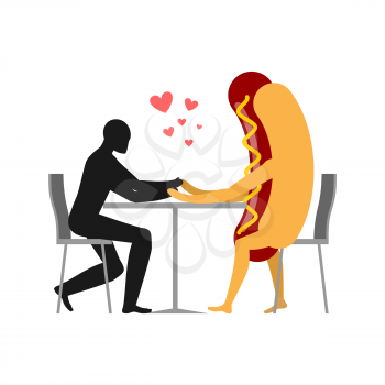 Lover in coffee room. Man and hot dog is sitting at a table. Food in restaurant. Fast food in  dining room. Romantic date in public place. Romantic meal illustration
