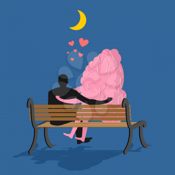 Man and brain sitting on bench. Lovers looking at moon in night dark sky. Date night. Heart symbol of love. Romantic illustration for valentines day
