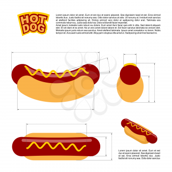 Hot dog infographics standard. reference  sizes of fast food. Drawing, bread and sausages scheme. Template for preparation of hot dogs
