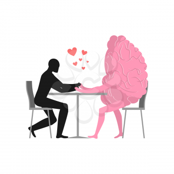 Lover in cafe. Man and hot dog is sitting at table. food in restaurant. Fat food in the dining room. Romantic date in public place. Romantic meal illustration
