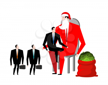 Christmas bonus. Boss Santa Claus congratulates workers. Red bag with money. Christmas in office. New Year at work. Good Director and Managers
