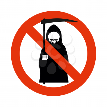 Stop death. Grim reaper is prohibited. Frozen silhouette of death with scythe. Emblem against death. Red forbidding character. Ban grim reaper
