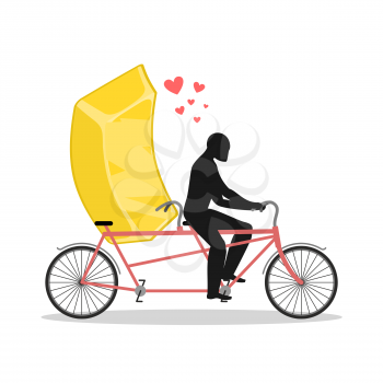 Lover gold. Golden bullion on bicycle. Lovers of cycling. Man rolls fast food on tandem. Joint walk with wealth. Romantic date
