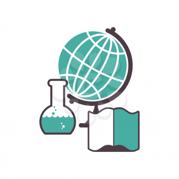 Science logo. Emblem for scientific laboratory. flask and globe. Open book. college sign

