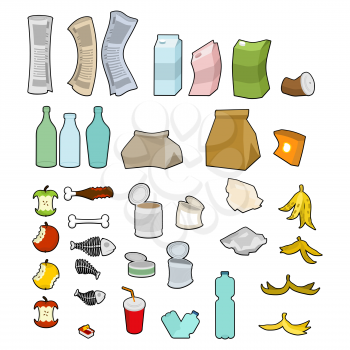 Rubbish icon collection. Garbage set. trash sign. litter symbol. peel from banana and stub. Tin and old newspaper. Bone and packaging. Crumpled paper and plastic bottle