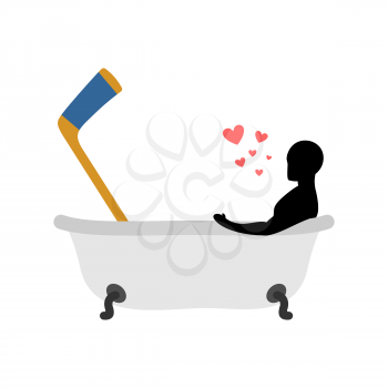 Lover hockey. Man and hockey stick in bath. Joint bathing. Passion feelings among lovers. Romantic date. love sport game