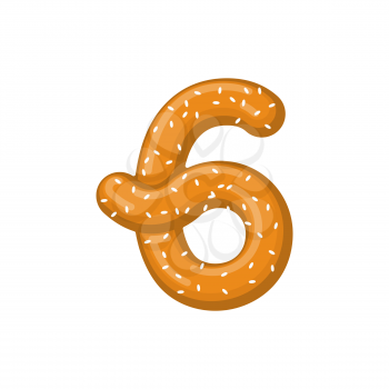 Number 6 pretzel. snack font six symbol. Food alphabet sign. Traditional German meal is ABC. Bake numeric
