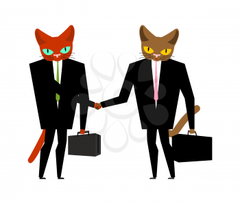 Cats businessmen contract. Handshake cat boss. Animal manager. Pet in costume with case and tie
