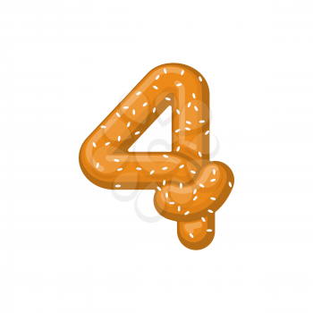 Number 4 pretzel. snack font four symbol. Food alphabet sign. Traditional German meal is ABC. Bake numeric
