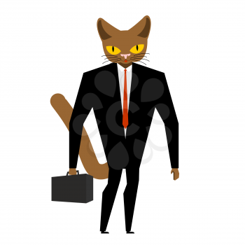 Businessman cat with case and tie. Pet in costume. kitten boss
