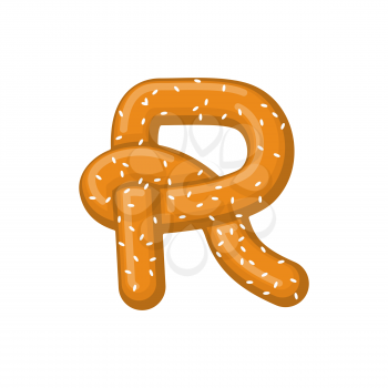 Letter R pretzel. snack font symbol. Food alphabet sign. Traditional German meal is ABC. Bake 
