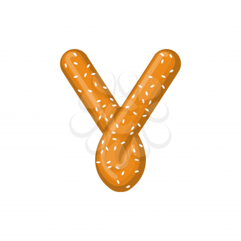 Letter V pretzel. snack font symbol. Food alphabet sign. Traditional German meal is ABC. Bake 

