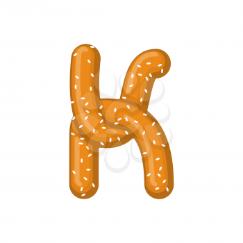 Letter K pretzel. snack font symbol. Food alphabet sign. Traditional German meal is ABC. Bake 
