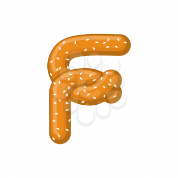 Letter F pretzel. snack font symbol. Food alphabet sign. Traditional German meal is ABC. Bake 
