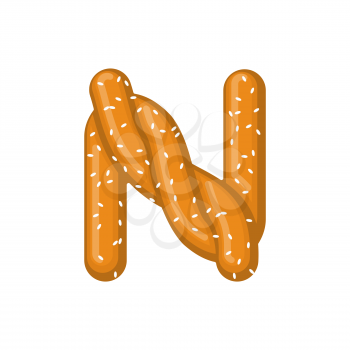 Letter N pretzel. snack font symbol. Food alphabet sign. Traditional German meal is ABC. Bake 
