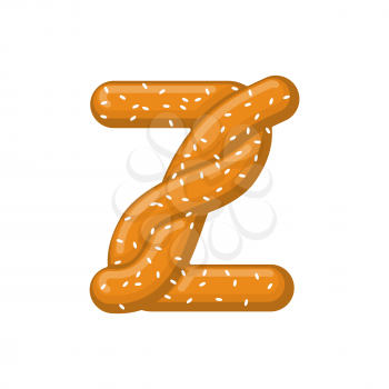 Letter Z pretzel. snack font symbol. Food alphabet sign. Traditional German meal is ABC. Bake 

