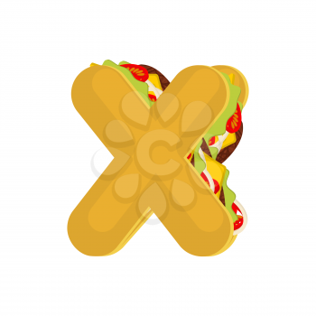 Letter X tacos. Mexican fast food font. Taco alphabet symbol. Mexico meal ABC