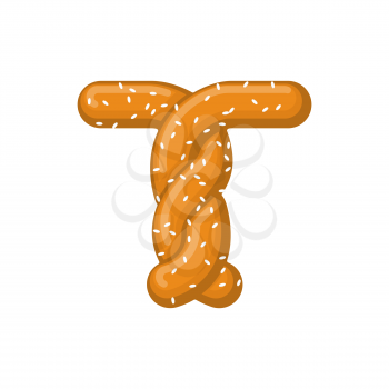 Letter T pretzel. snack font symbol. Food alphabet sign. Traditional German meal is ABC. Bake 
