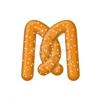 Letter M pretzel. snack font symbol. Food alphabet sign. Traditional German meal is ABC. Bake 
