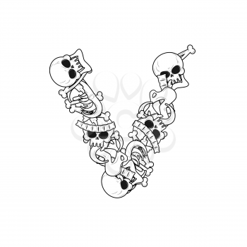 Letter V skeleton Bones Font. Anatomy of an alphabet symbol. dead ABC sign
