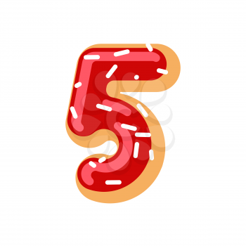 Number 5 donut. Doughnut font five. Sweet alphabet. candy lettering. food ABC sign
