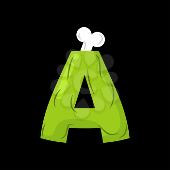 Letter A zombie font. Monster alphabet. Bones and brains lettering. Green Terrible ABC sign
