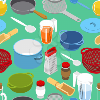 Ingredients and tableware utensil seamless pattern. Grater and colander. Pan and saucepan. Cheese and chicken. Bacon and mushrooms. Set for cooking a background

