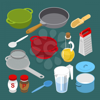 Ingredients and utensils set isometry. Grater and colander. Pan and saucepan. Cheese and chicken. Bacon and mushrooms. Set for cooking
