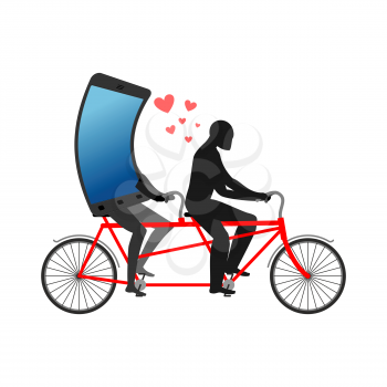 Lover of gadgets. Man and smartphone on bicycle. Riding on tandem. Always together device. I love my phone.
