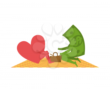 Love and money On picnic. Selling love. Dollar and heart. Basket and picnic blanket
