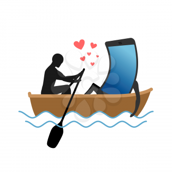 Lover of gadgets. Man and smartphone Ride in boat. Always together device. I love my phone.
