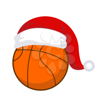 Basketball in cap Santa Claus. Sports New Year and Christmas