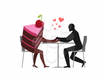 Lover of cakes. Man and piece of cake in cafe. Lovers sitting at table. Glutton of Lifestyle
