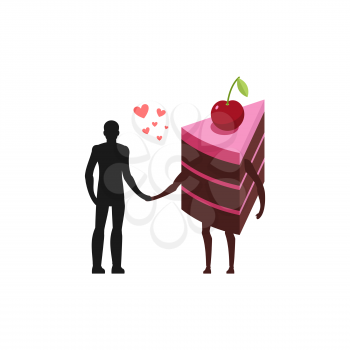 Lover of cakes. Man and piece of cake Hold on to hands. Lovers food. Glutton of Lifestyle
