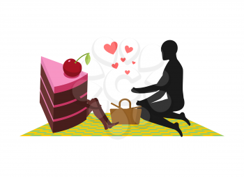 Lover of cakes. Man and piece of cake On picnic. Lovers and Basket and picnic blanket. Glutton of Lifestyle
