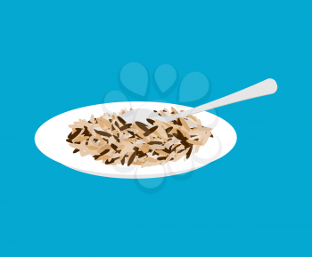 Wild rice porridge in plate and spoon isolated. Healthy food for breakfast. Vector illustration
