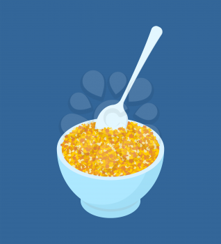 Bowl of corn porridge and spoon isolated. Healthy food for breakfast. Vector illustration