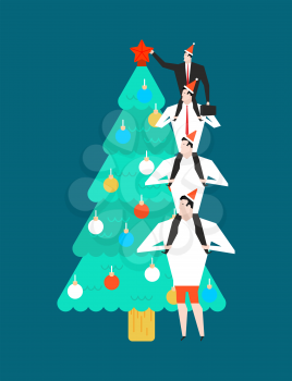 New Year corporate party. Businessman decorates Christmas tree. Christmas at office. Manager in hat of Santa Claus. Vector illustration
