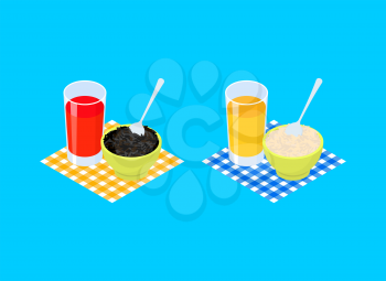 Breakfast Set. Black and Brown rice Porridge and fruit juice. Healthy food. Vector illustration
