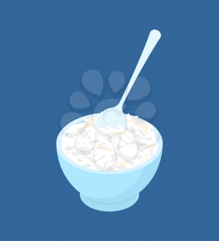 Bowl of Basmati rice porridge and spoon isolated. Healthy food for breakfast. Vector illustration