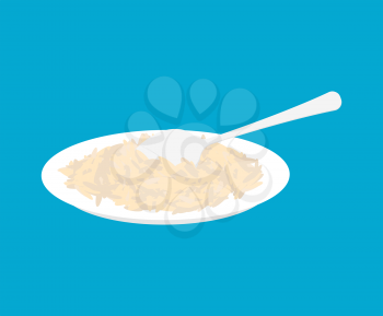 Parboiled rice Porridge in plate and spoon isolated. Healthy food for breakfast. Vector illustration
