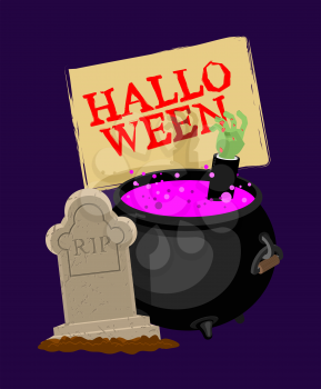 Halloween. Pot with magical potion and hand of zombie. grave and arm green corpse. Illustration for terrible holiday
