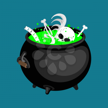 Pot with magical potion and bones and skull. Witch accessory. Halloween illustration.
